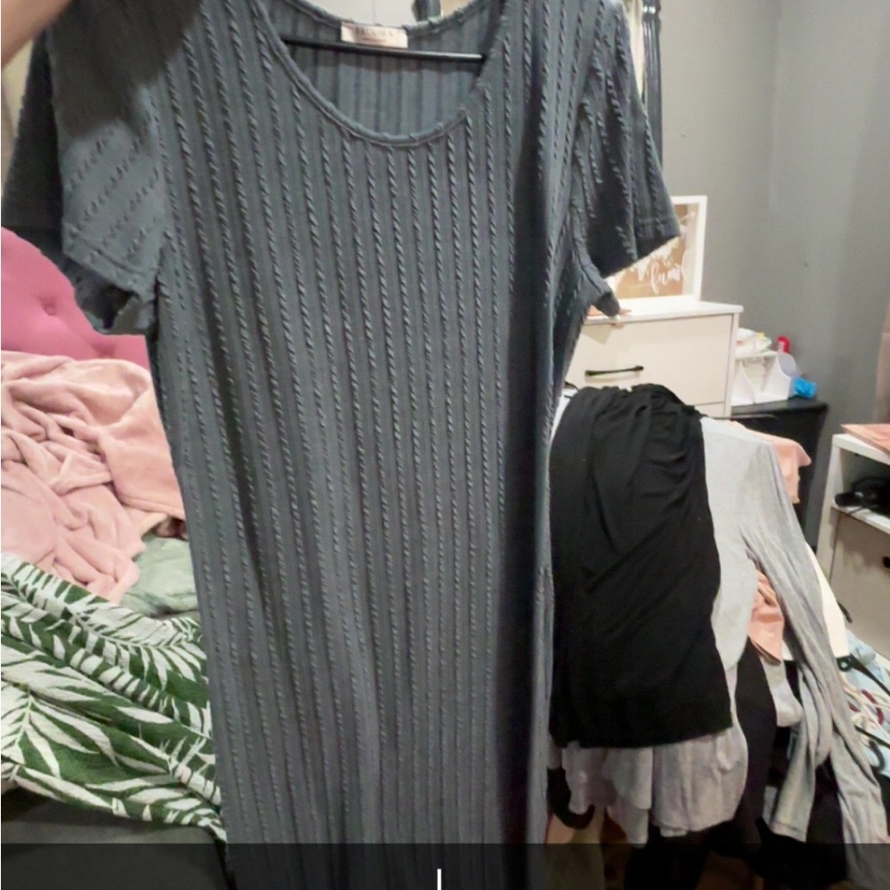 Gray Ribbed Short Sleeve Dress